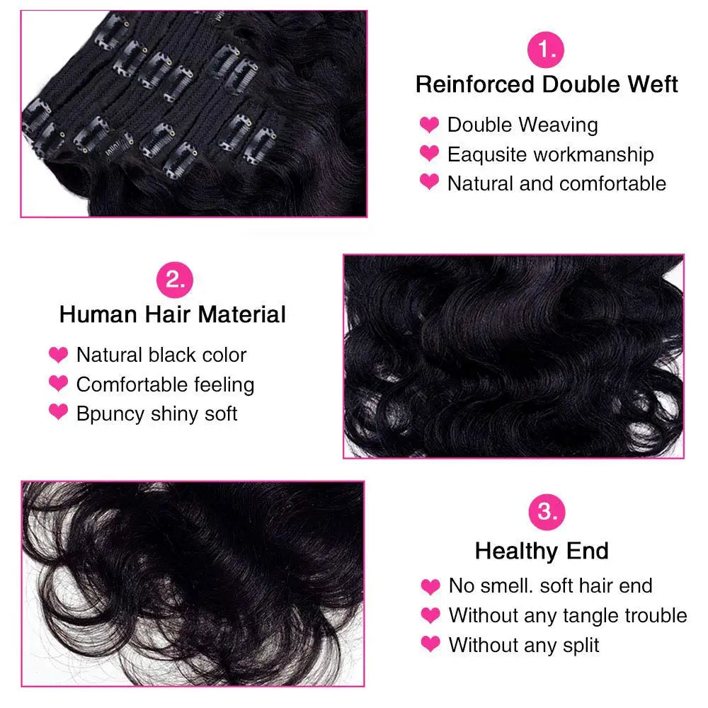 Body Wave Clip in Hair Extensions 100% Human Hair With Double Weft Brazilian Clip In 8Pcs 120G For Black Woman Clip Ins Hair #1B