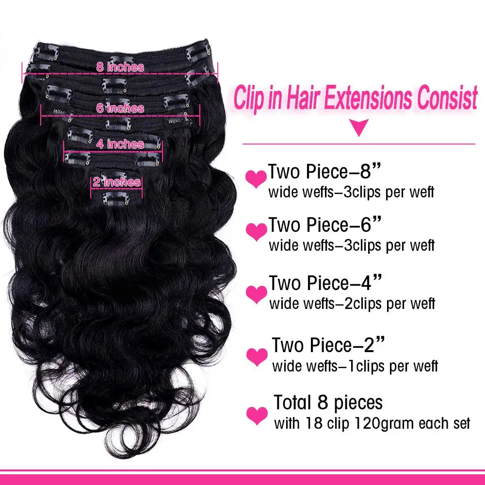 Body Wave Clip in Hair Extensions 100% Human Hair With Double Weft Brazilian Clip In 8Pcs 120G For Black Woman Clip Ins Hair #1B