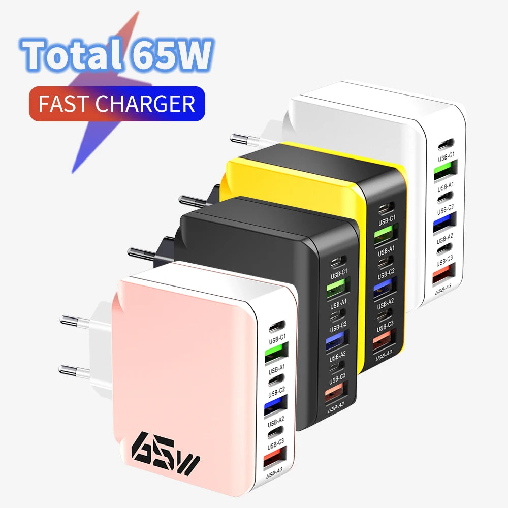 6 Ports Charger USB Type C PD Fast Charger 65W USB C Quick Phone Charger Adapter for iPhone Samsung Xiaomi Fast Charging QC3.0