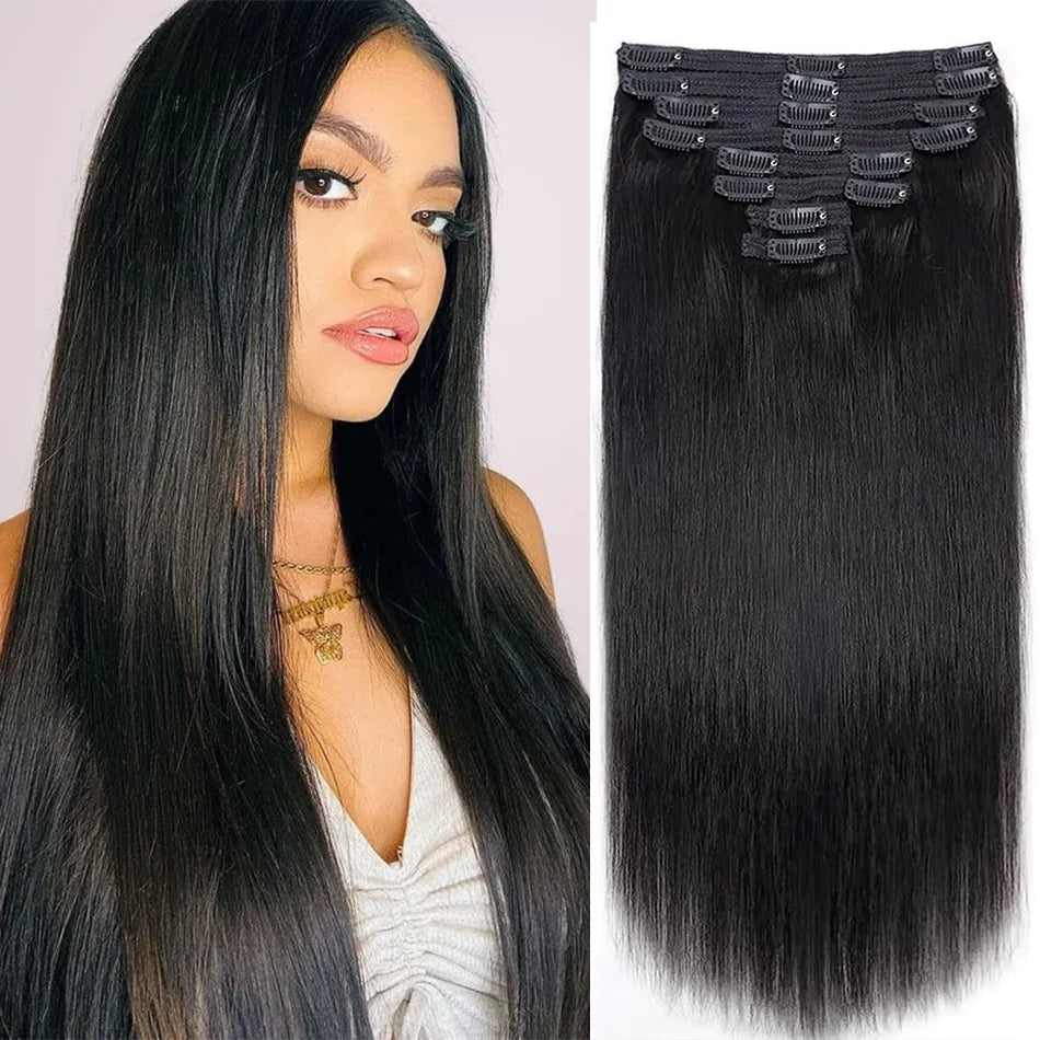 120G 8Pcs/Sets Clip In Hair Extensions Human Hair 10 to 26 Inch Brazilian Remy Straight Hair Natural Black 4 613 Color For Women