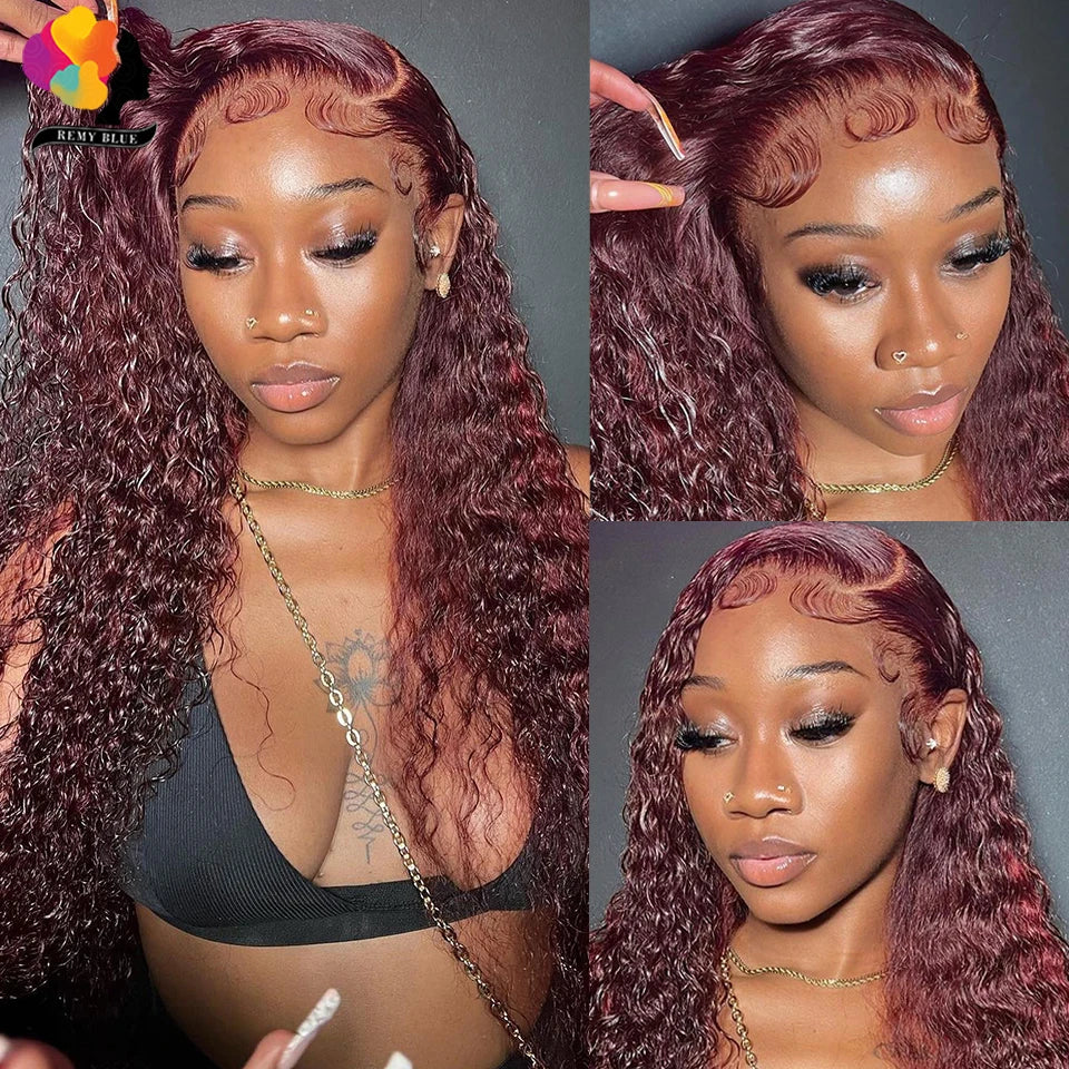 Burgundy Water Wave Human Hair Wigs for Black Women 13X6 13x4 Lace Front Human Hair Wig Remy Curly Human Hair Lace Frontal Wigs