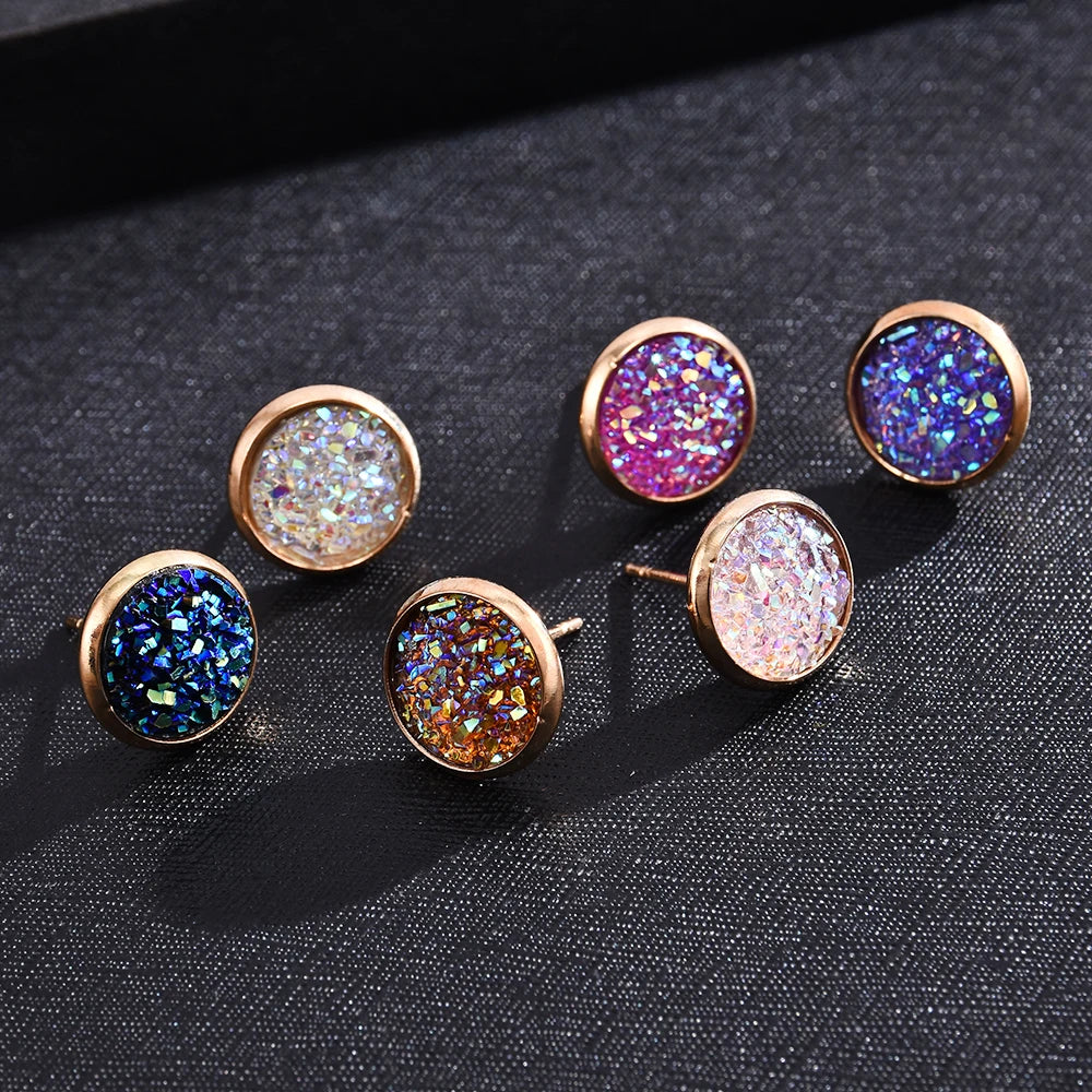 6 Pairs / Lot Colorful Drusy Resin Cabochon Stud Earrings Round Shape Piercing for Women Earrings Set Fashion Jewelry Party Gift