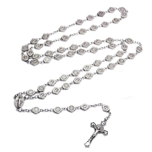 QIGO Vintage Saint Benedict Rosary Necklace Jesus Cross Pendant Necklace Prayer Church Jewelry Accessories