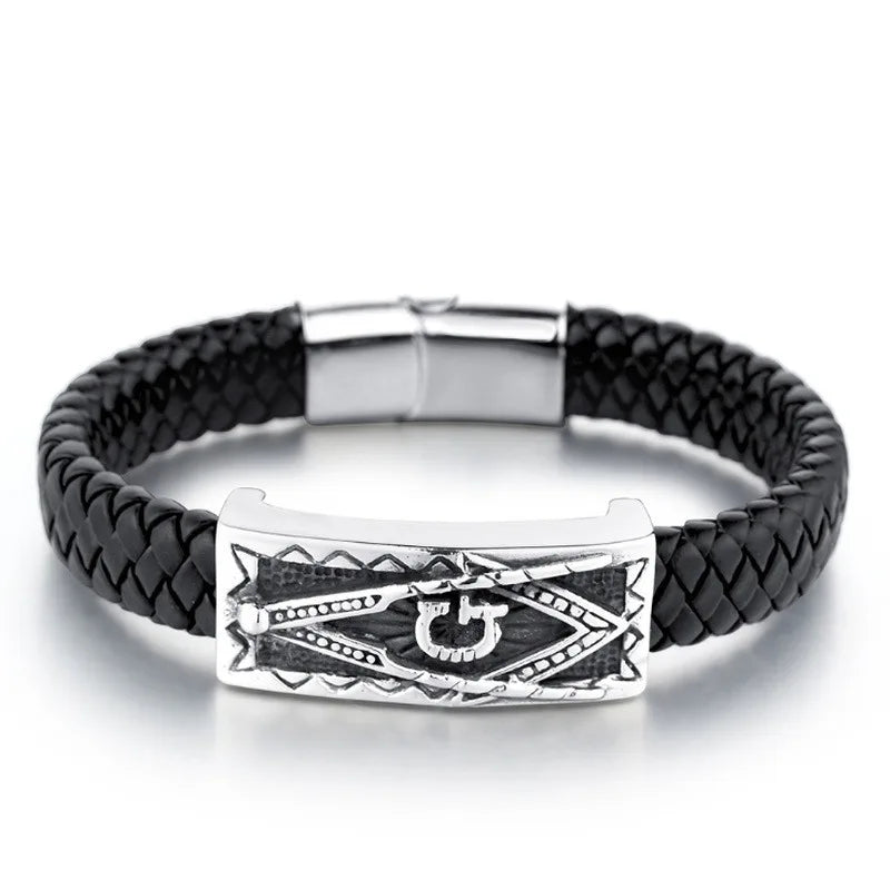 Vintage Punk Stainless Steel Masonic Leather Bracelet Religious Style Men Charm Rock Party Jewelry