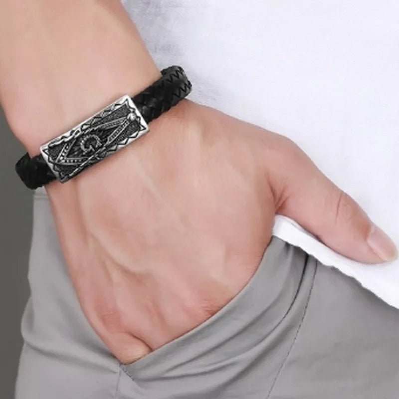 Vintage Punk Stainless Steel Masonic Leather Bracelet Religious Style Men Charm Rock Party Jewelry