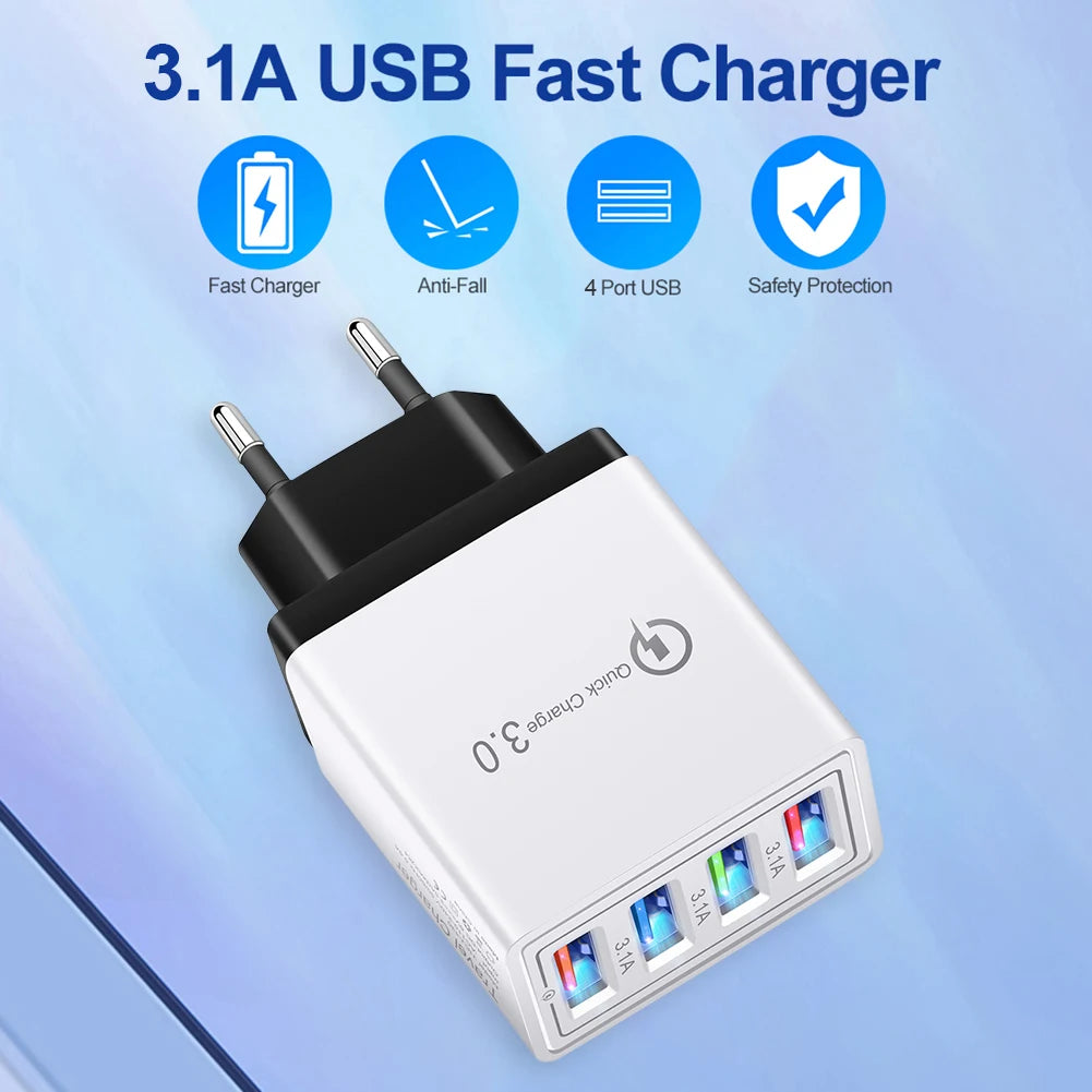 QC 3.0 Quick Charger 5V 3A USB Charger Fast Charging Charge 4 Ports LED Light Phone Charge Adapter EU Plug Charger Accessories