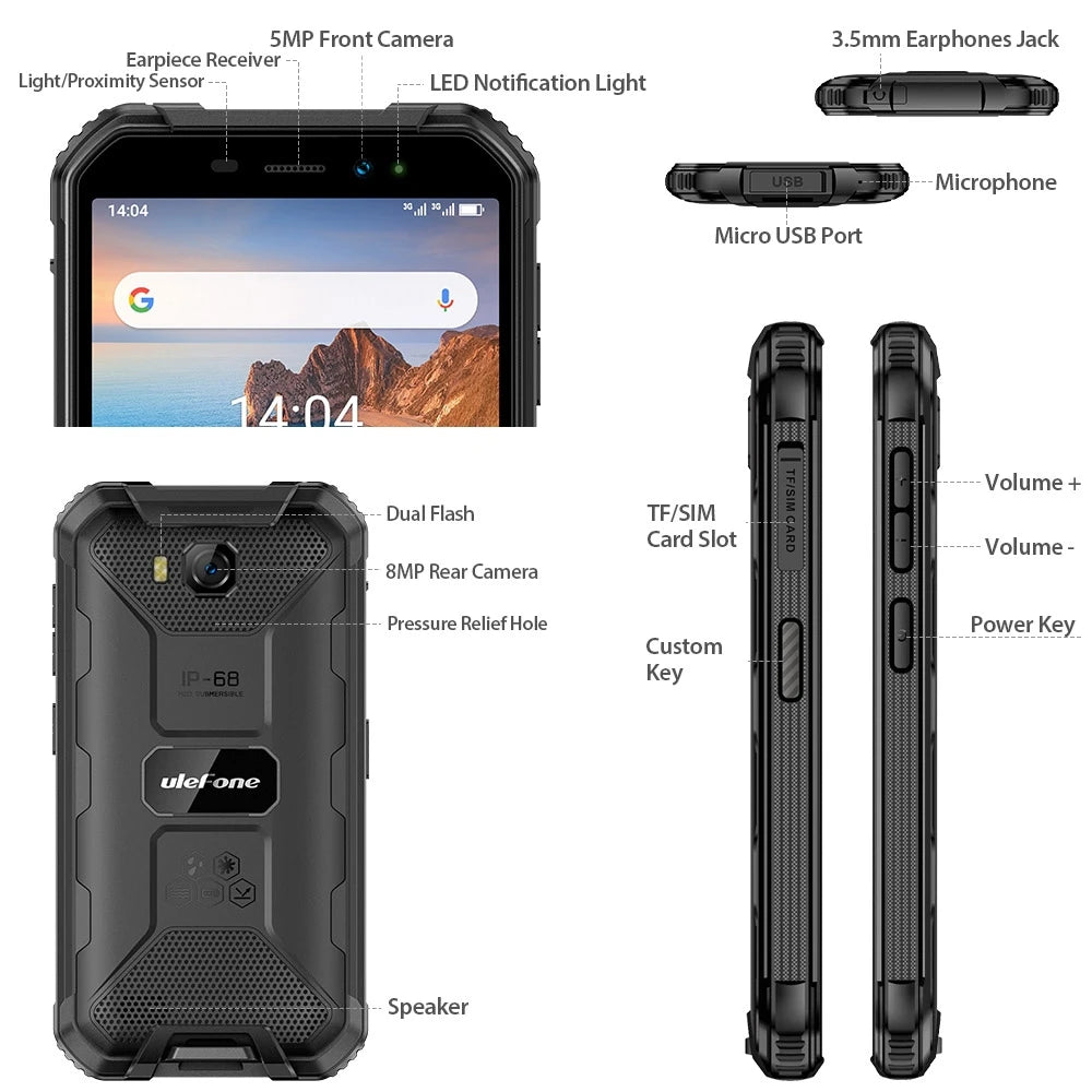 Ulefone Armor X6 IP68 Rugged Waterproof Mobile Phone 5" Android 9.0 MTK6580A/W Quad Core 2GB+16GB Face ID 4000mAh 3G Smartphone