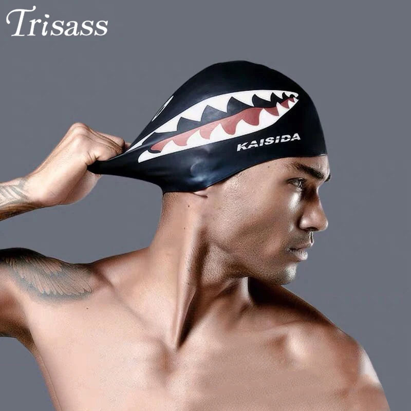 Trisass 2021 New Man's Swimming Cap Adult Elastic Shark Swimming Caps Waterproof Protect Ears Long Hair Soft Women Bathing Cap