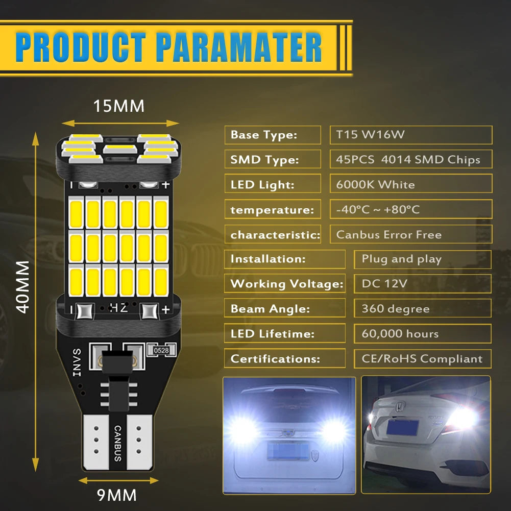 2pcs T15 T16 W16W LED Bulbs Canbus Error Free LED Backup Reverse Lights 921 912 W16W LED Bulbs Car Reversing Lamp White Red