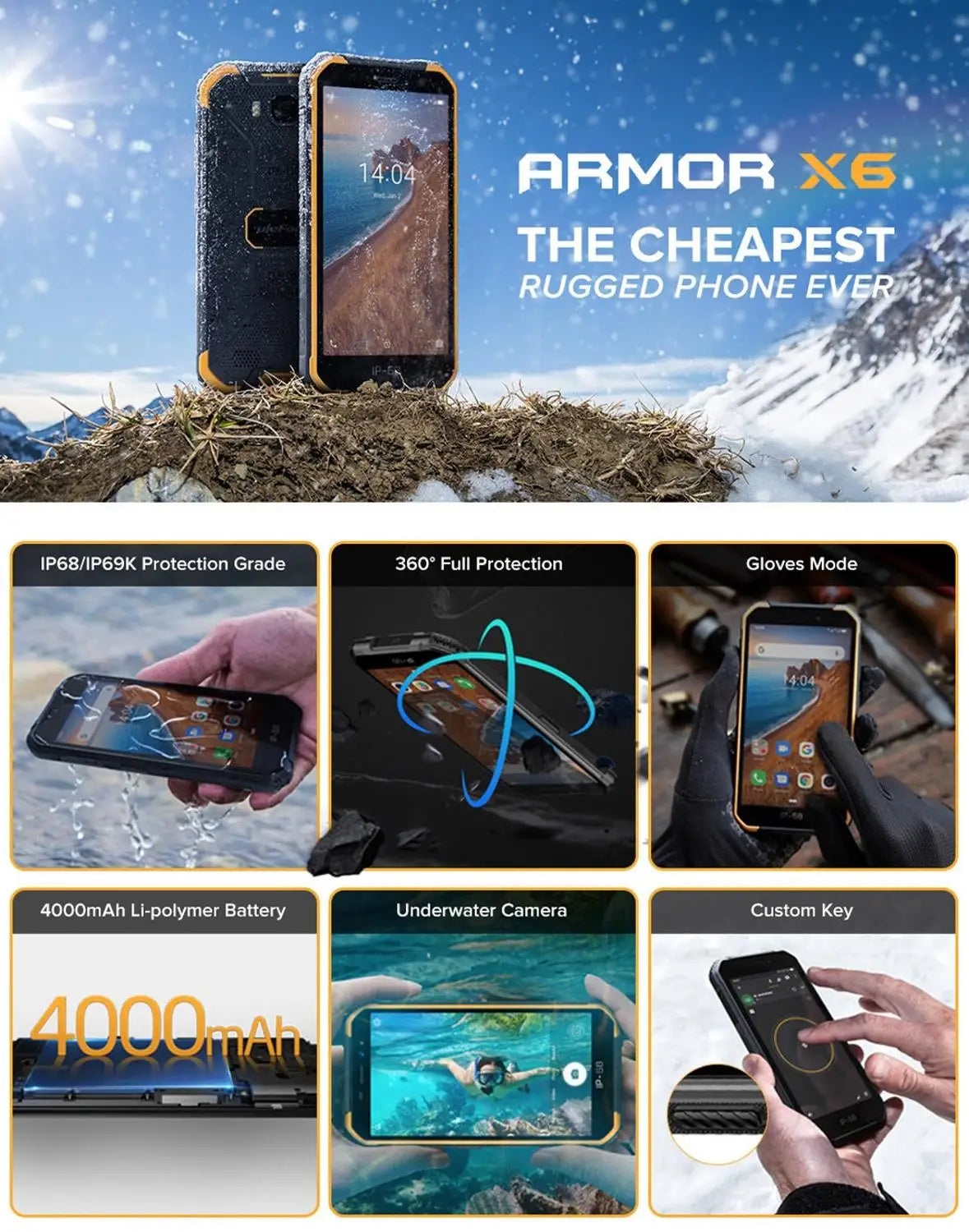 Ulefone Armor X6 IP68 Rugged Waterproof Mobile Phone 5" Android 9.0 MTK6580A/W Quad Core 2GB+16GB Face ID 4000mAh 3G Smartphone