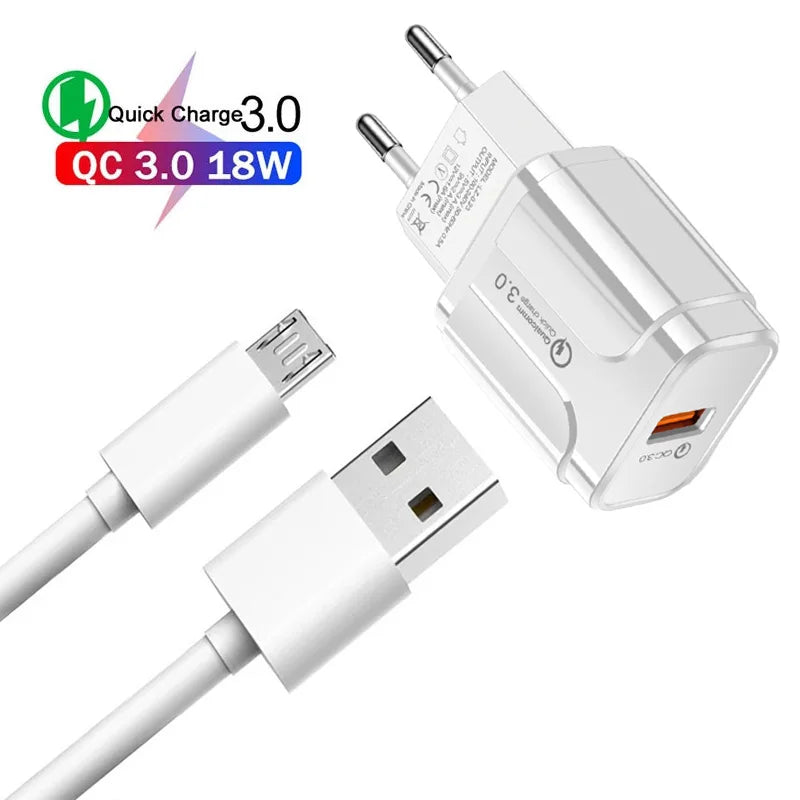 For Xiaomi Redmi 9A 9C 7A 6A QC 3.0 18W Fast Phone Charger Micro USB Cable Fast Charging For OPPO A12 A15 A5 A7 A8 A9 EU Plug