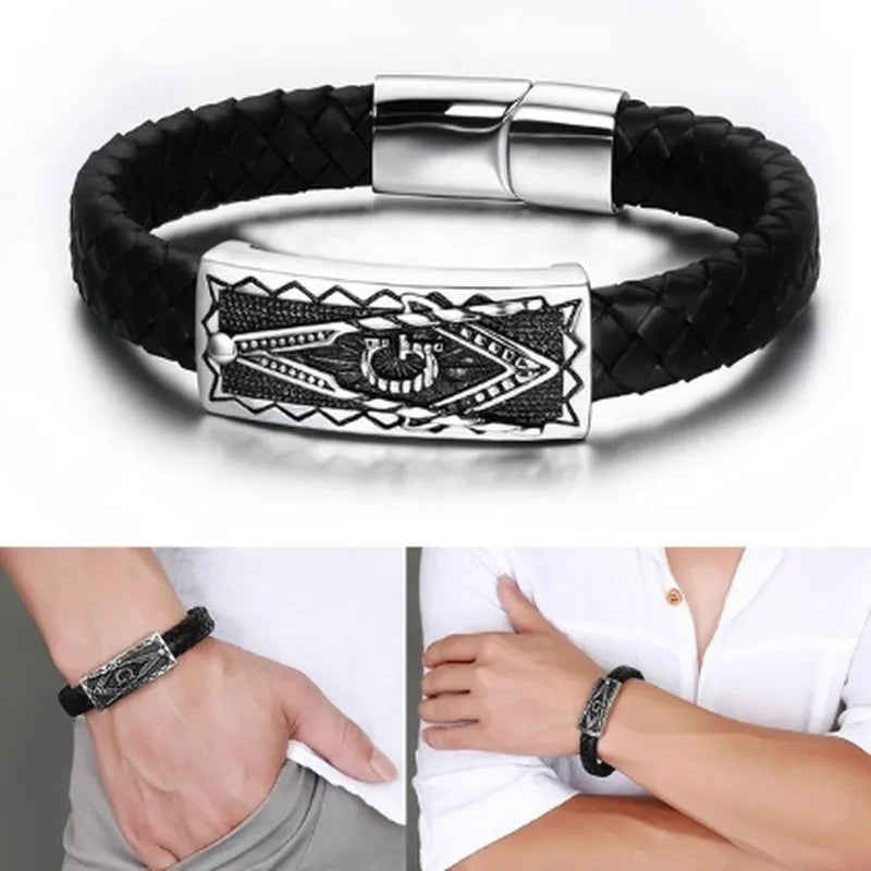 Vintage Punk Stainless Steel Masonic Leather Bracelet Religious Style Men Charm Rock Party Jewelry