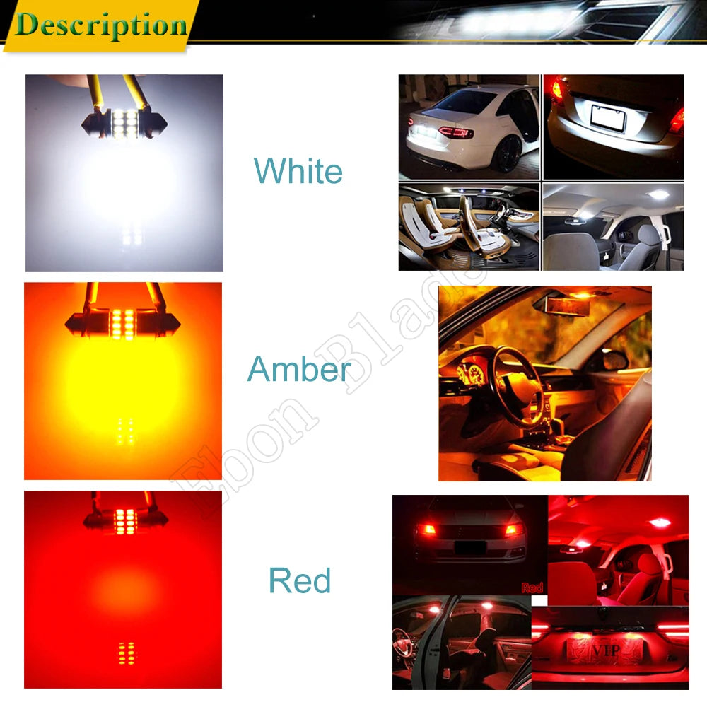 2 X Ultra Bright Yellow Amber Orange 3014 SMD LED 31mm 36mm 39mm 41mm C5W Festoon Car Interior Dome Map Reading Light LED Bulbs