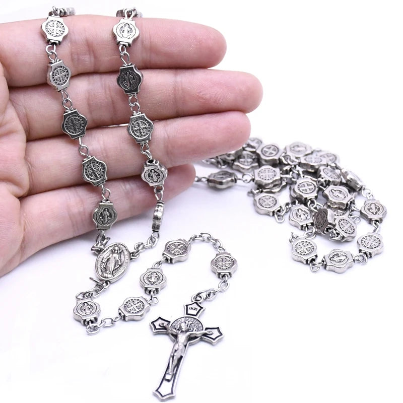 QIGO Vintage Saint Benedict Rosary Necklace Jesus Cross Pendant Necklace Prayer Church Jewelry Accessories