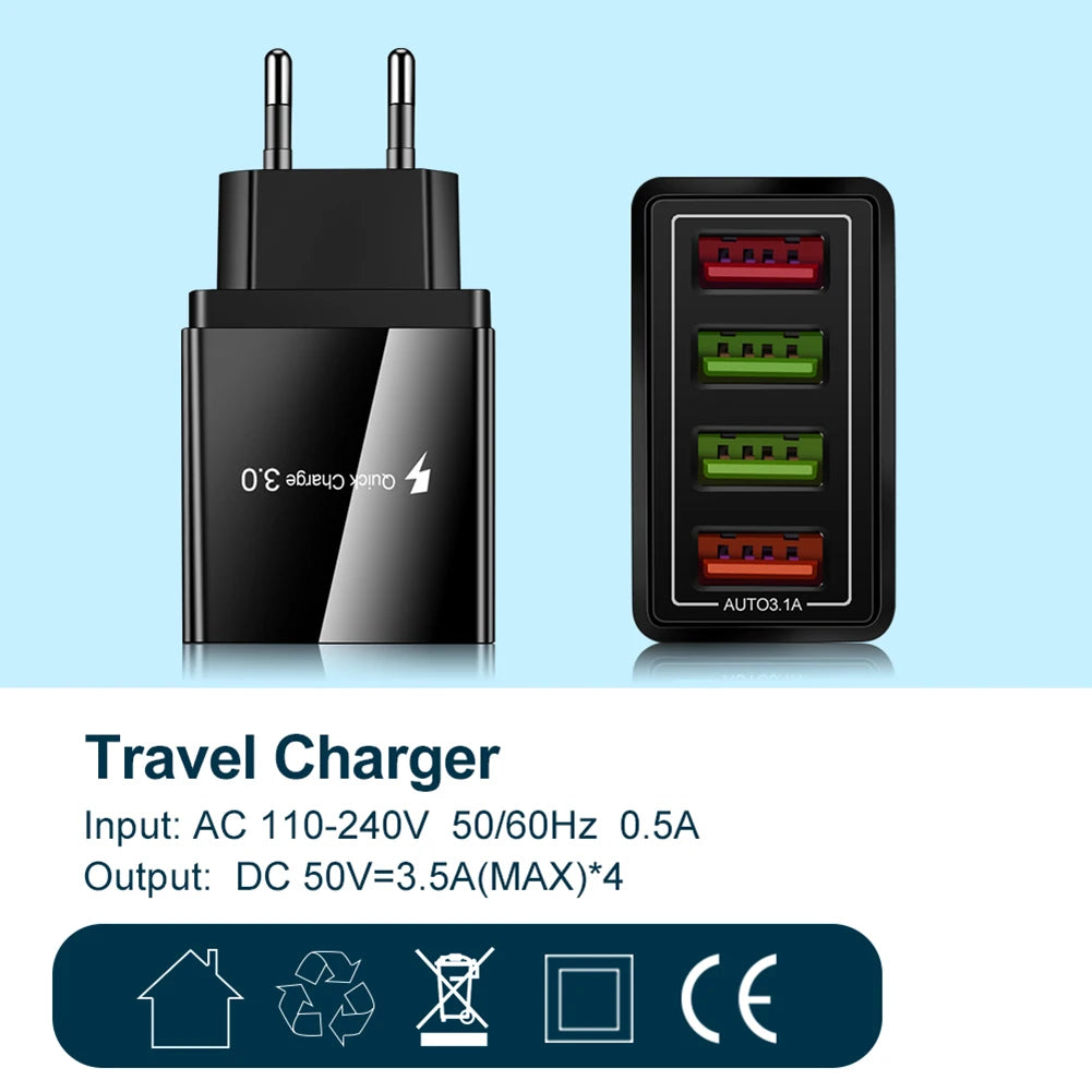 QC 3.0 Quick Charger 5V 3A USB Charger Fast Charging Charge 4 Ports LED Light Phone Charge Adapter EU Plug Charger Accessories