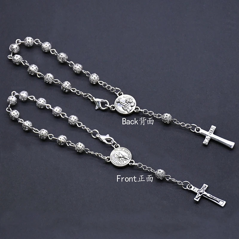 QIGO Vintage Hollow Out Metal Beads Cross Rosary Bracelet With Box Religious Pray Jewelry For Men Women