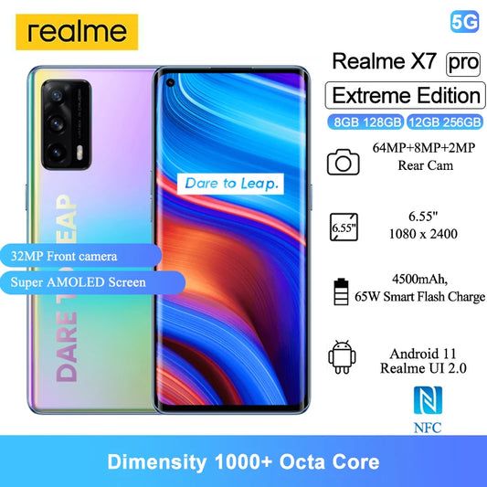 Realme X7 Pro Extreme Edition Cellphone 6.55" 90Hz Super AMOLED 64MP Camera Dimensity 1000+ 65W Smart Flash Charge 5G Smartphone