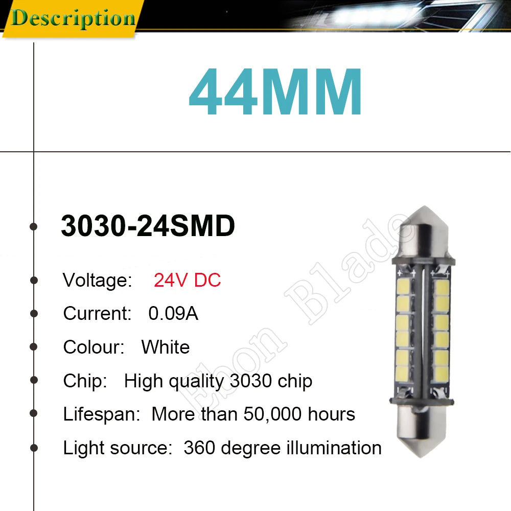 Pair 24V 24 Volt DC 44mm 1.73" LED Festoon Car Bulb White 3030 24SMD Licence Plate Light Truck Interior Dome Map Reading Lamp