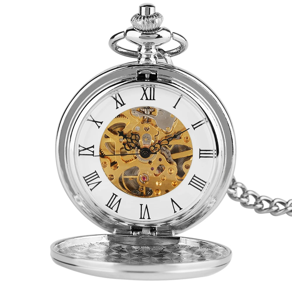 2020 New Arrival Smooth Design Double Full Hunter Skeleton Mechanical Pocket Watch for Men Steampunk Silver Hand Winding Watches