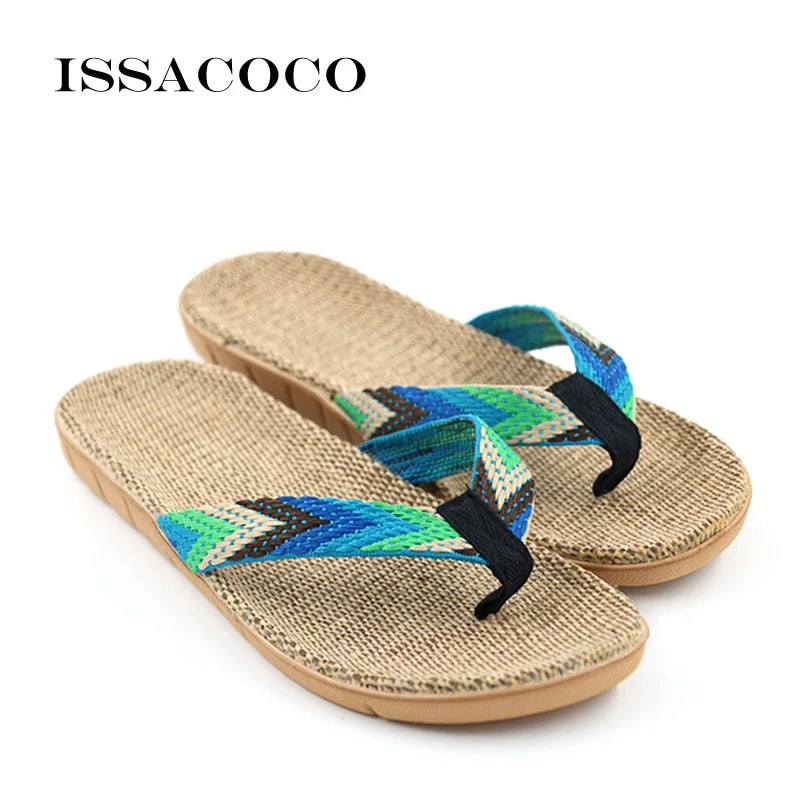 ISSACOCO Men's Linen Flip Flops Striped Ribbon Sandals Flat EVA Non-Slip Linen Slides Home Slippers Man Casual Straw Beach Shoes