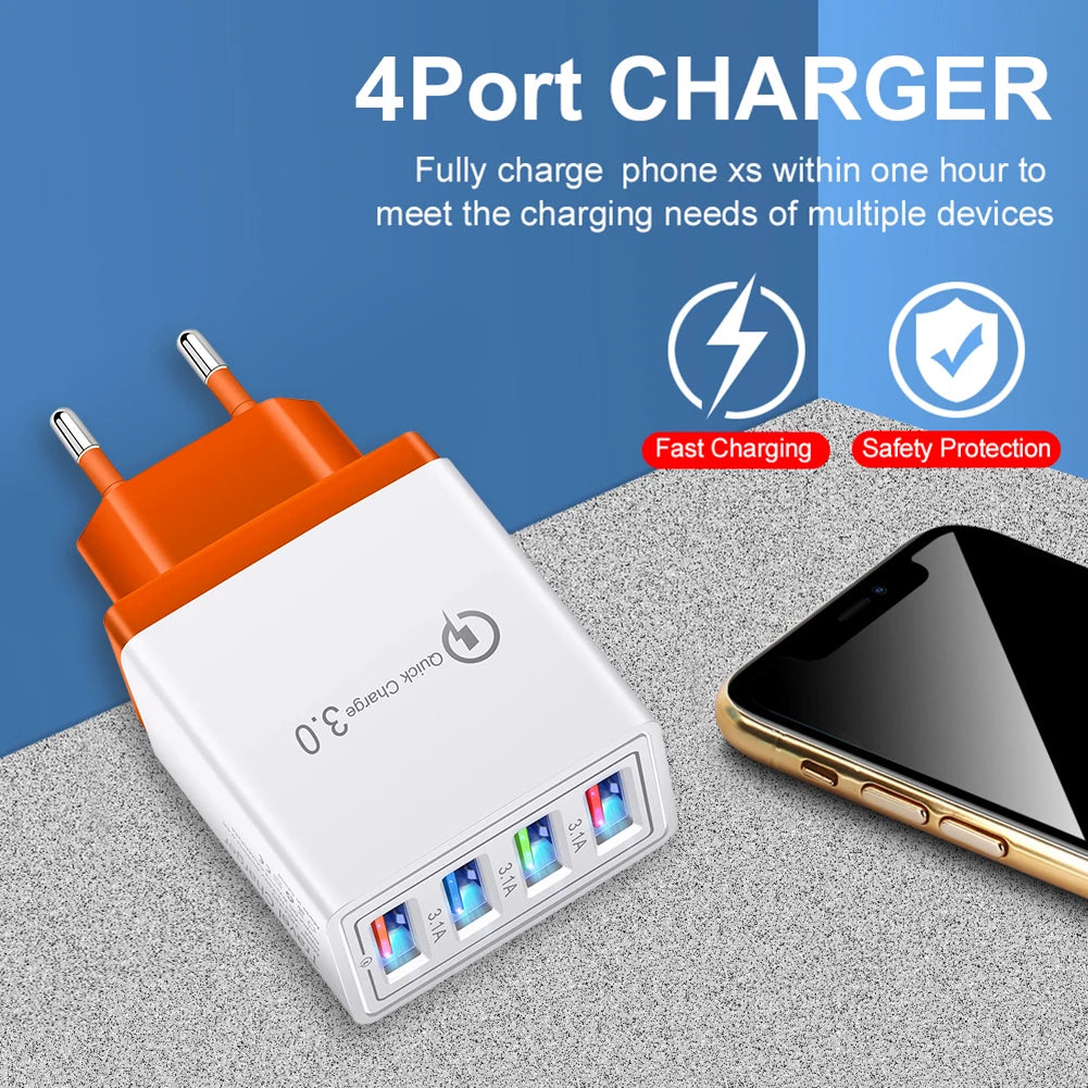 QC 3.0 Quick Charger 5V 3A USB Charger Fast Charging Charge 4 Ports LED Light Phone Charge Adapter EU Plug Charger Accessories