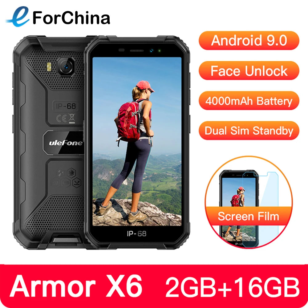 Ulefone Armor X6 IP68 Rugged Waterproof Mobile Phone 5" Android 9.0 MTK6580A/W Quad Core 2GB+16GB Face ID 4000mAh 3G Smartphone