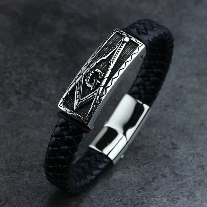 Vintage Punk Stainless Steel Masonic Leather Bracelet Religious Style Men Charm Rock Party Jewelry