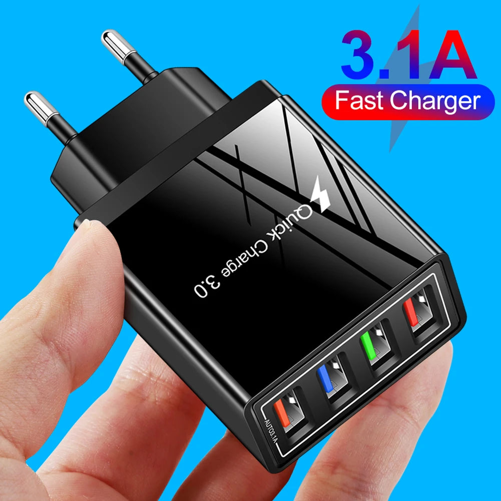 QC 3.0 Quick Charger 5V 3A USB Charger Fast Charging Charge 4 Ports LED Light Phone Charge Adapter EU Plug Charger Accessories