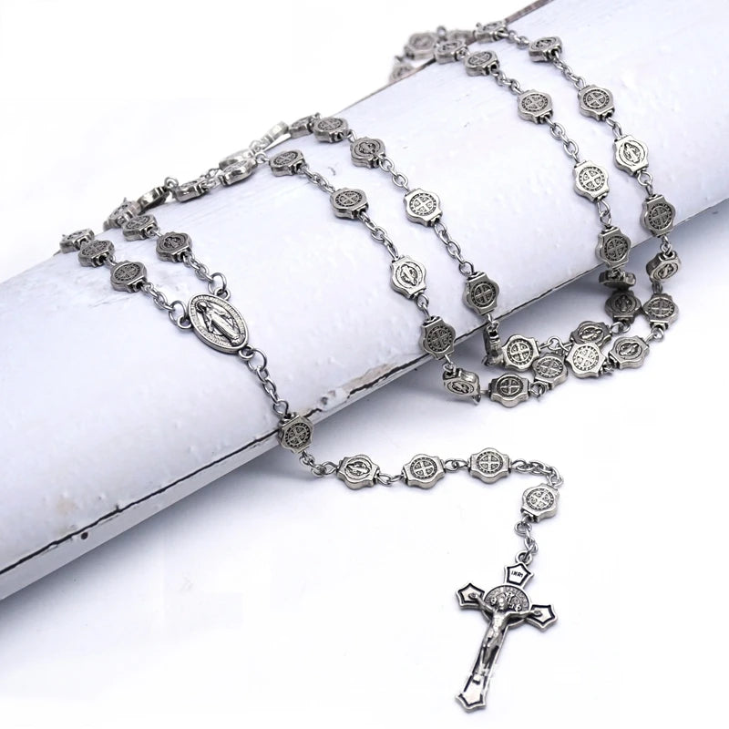 QIGO Vintage Saint Benedict Rosary Necklace Jesus Cross Pendant Necklace Prayer Church Jewelry Accessories