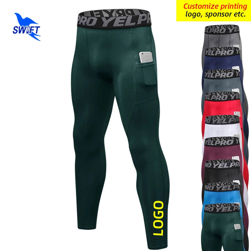 Quick Dry Elastic Compression Running Tights Men with Pocket Gym Fitness Trousers Workout Leggings Sportswear Pants Customized