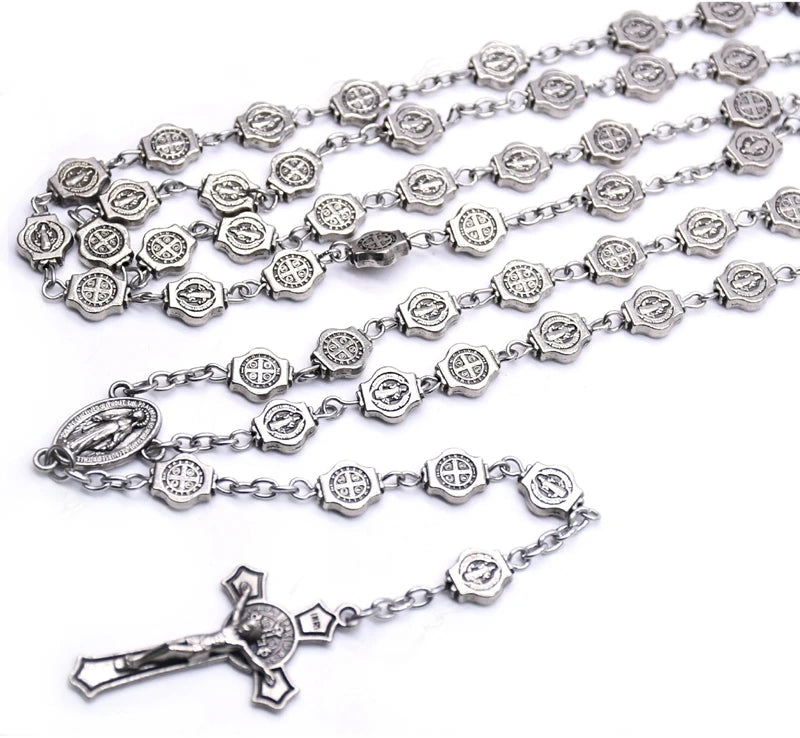 QIGO Vintage Saint Benedict Rosary Necklace Jesus Cross Pendant Necklace Prayer Church Jewelry Accessories