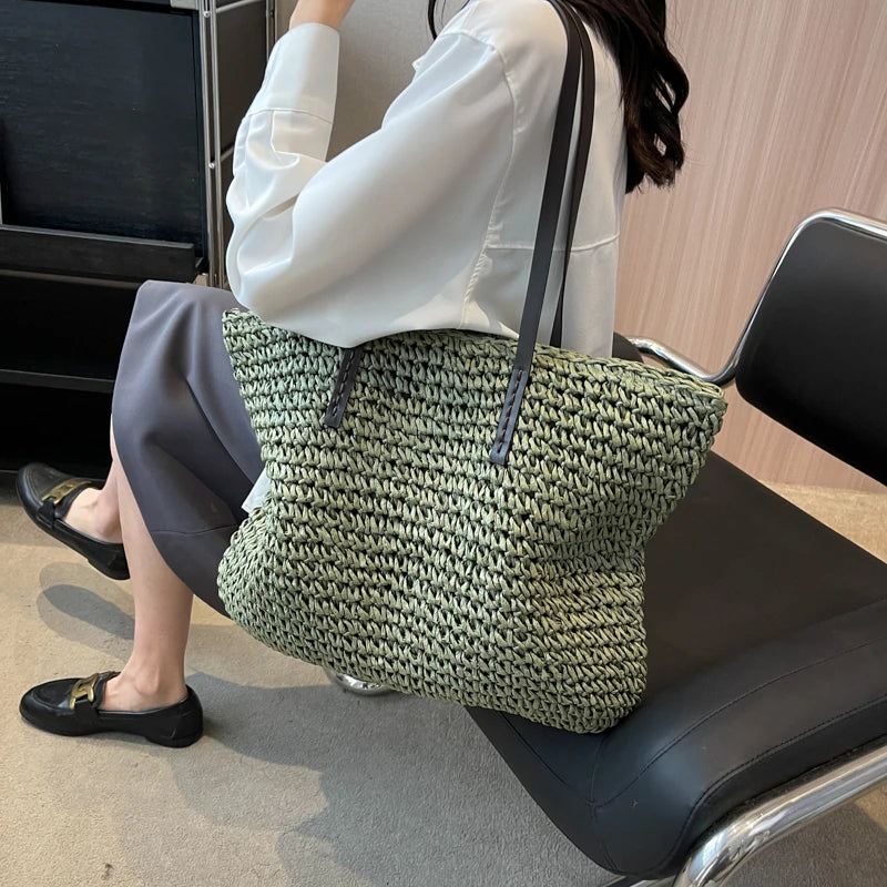 MOODS Luxury Design Straw Woven Tote Bags For Women Large Capacity Shoulder Beach Bag Pure Color Summer New Big Shopping Handbag