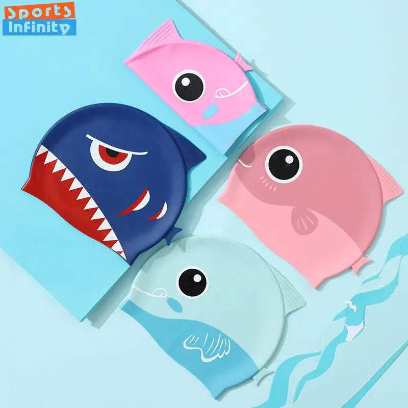 Cute Cartoon Fish Dino Silicone Swimming Cap for Children Protect Ears Swim Hat for Boys Girls Kids Swimming Pool Accessories