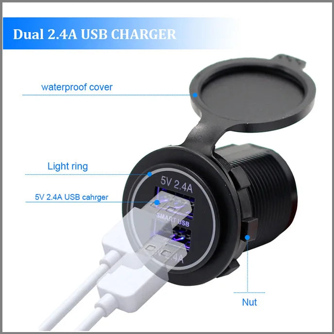 Waterproof 12-24V Dual Usb Car Phone Charger with Led Aperture Usb Car Charger Vehicle Electrical Appliance for Car Motorcycle