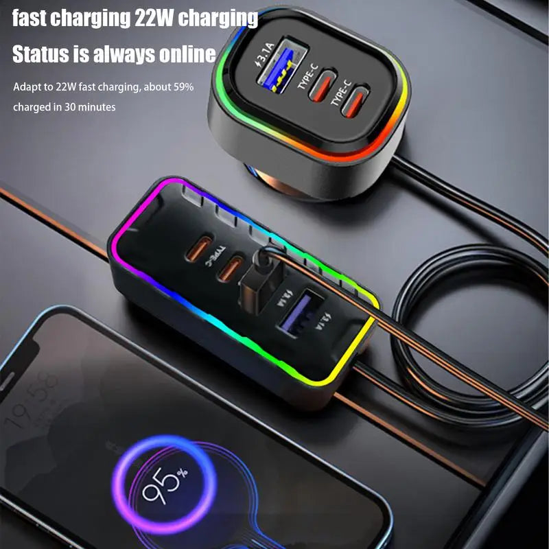 One To Seven Car Charger 12V To 24V Multiple USB Port Cars Adapter Stylish Auto Adapter With LED Light Car Electrical Appliances