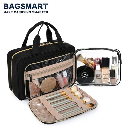 BAGSMART Cosmetic Bag with Transparent Case Travel Toiletry Bag Women Makeup Organizer Bathroom Hook Wash Pouch