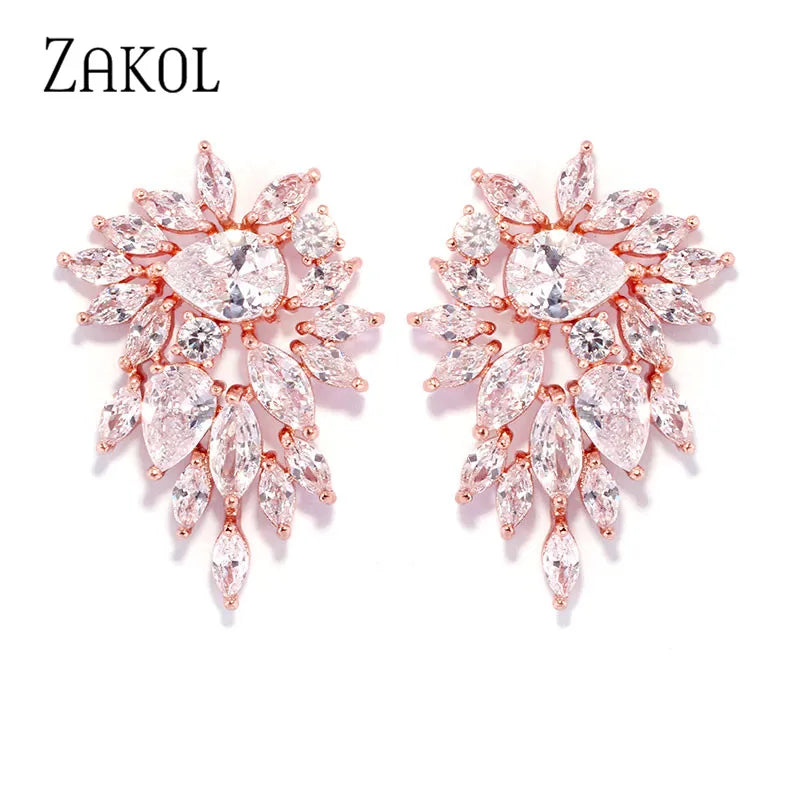 ZAKOL Elegant Flower Stud Earrings for Women Bridal Wedding Water Drop Cubic Zircon Fashion Jewelry Gift Brincos