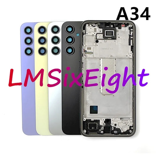 Full Phone Housing A34 Case For Samsung Galaxy A34 A346 Middle Frame Battery Back Cover Rear Door + Adhesive + Camera Lens Parts