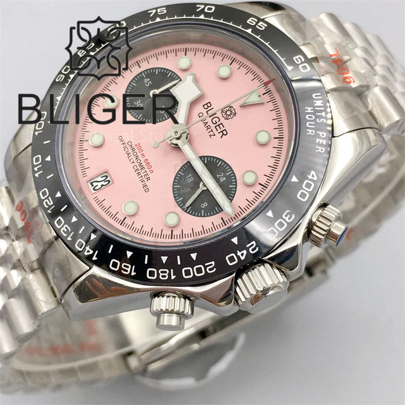 BLIGER 39mm VK64 Moon Quartz Chronograph Watch For Men Sapphire Glass Black Pink Dial With 5 Hands Green Luminous 6 O'clock Date