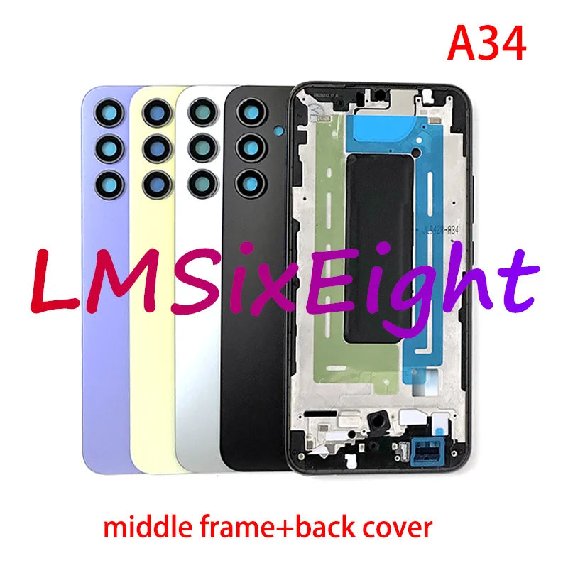 Full Phone Housing A34 Case For Samsung Galaxy A34 A346 Middle Frame Battery Back Cover Rear Door + Adhesive + Camera Lens Parts