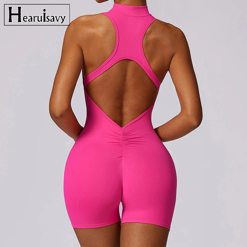 New V Back Scrunch Sports Jumpsuit Women Gym Rompers Sleeveless Sportswear Bodysuits Women Zipper One-Piece Suit Yoga Clothing