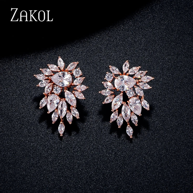 ZAKOL Elegant Flower Stud Earrings for Women Bridal Wedding Water Drop Cubic Zircon Fashion Jewelry Gift Brincos