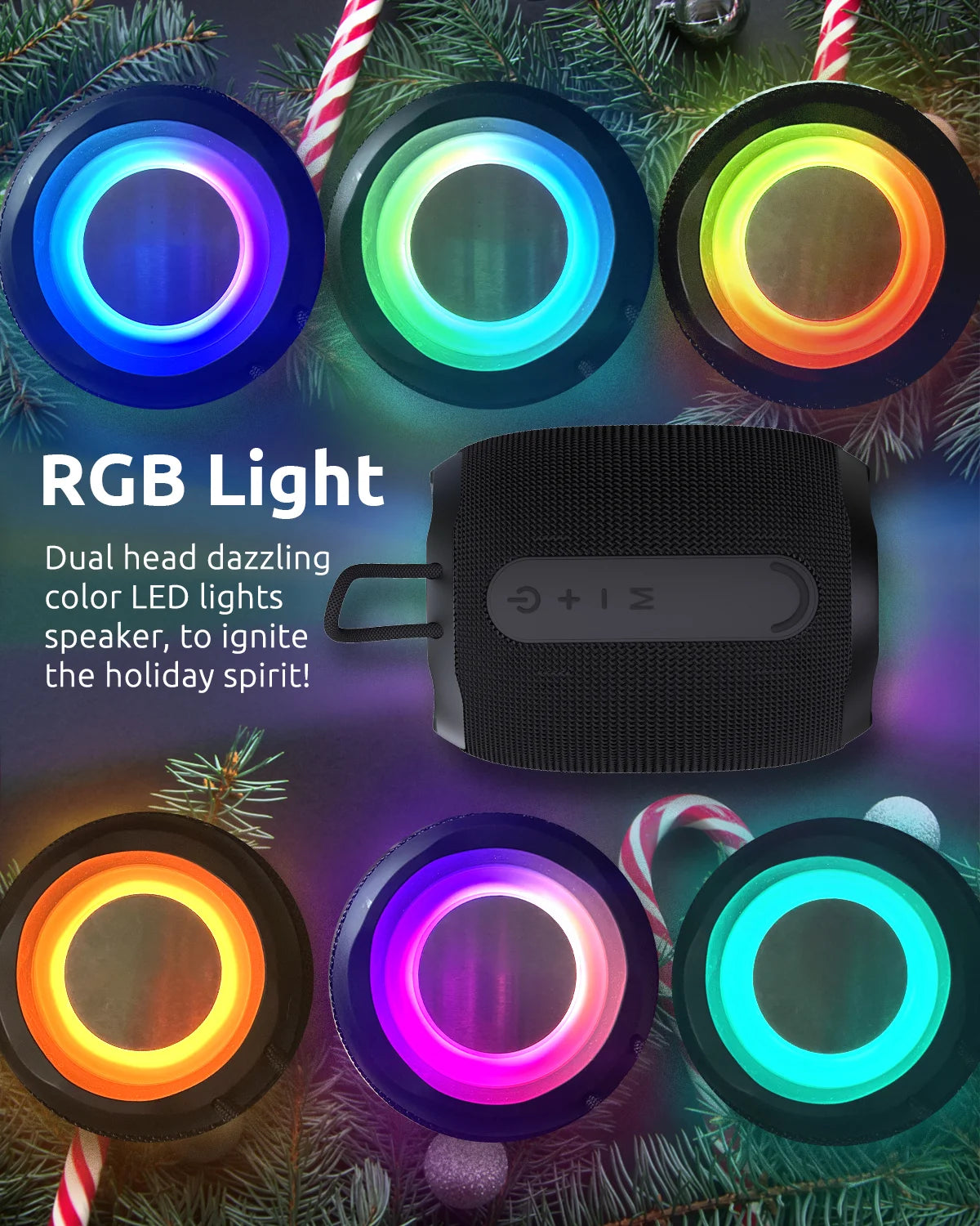 Bluetooth speaker, powerful small portable wireless speaker with FM radio, IPX6 waterproof, 5 LED light modes, microphone, USB