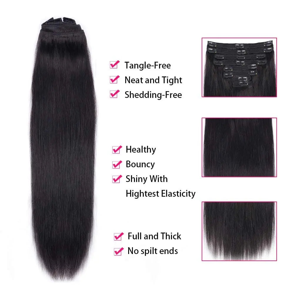 Clip in Hair Extensions Straight Per Set with 18 Clips 120G Double Weft Virgin 100% Human Hair Natural Black Color For Women