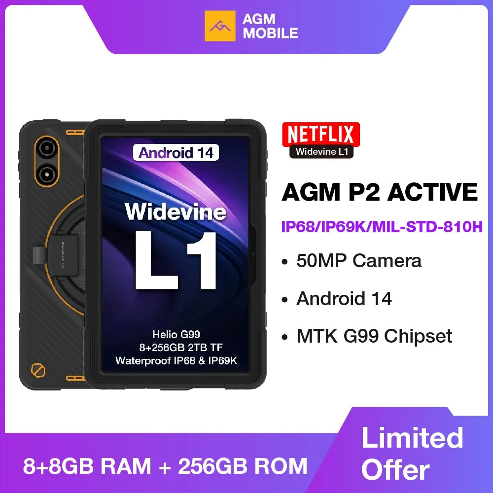 World Premiere AGM PAD P2 Active 11” FHD Rugged Tablet 2024 P2W Waterproof, Drop-proof, 8GB+256GB, Android 14, G99, Widevine L1