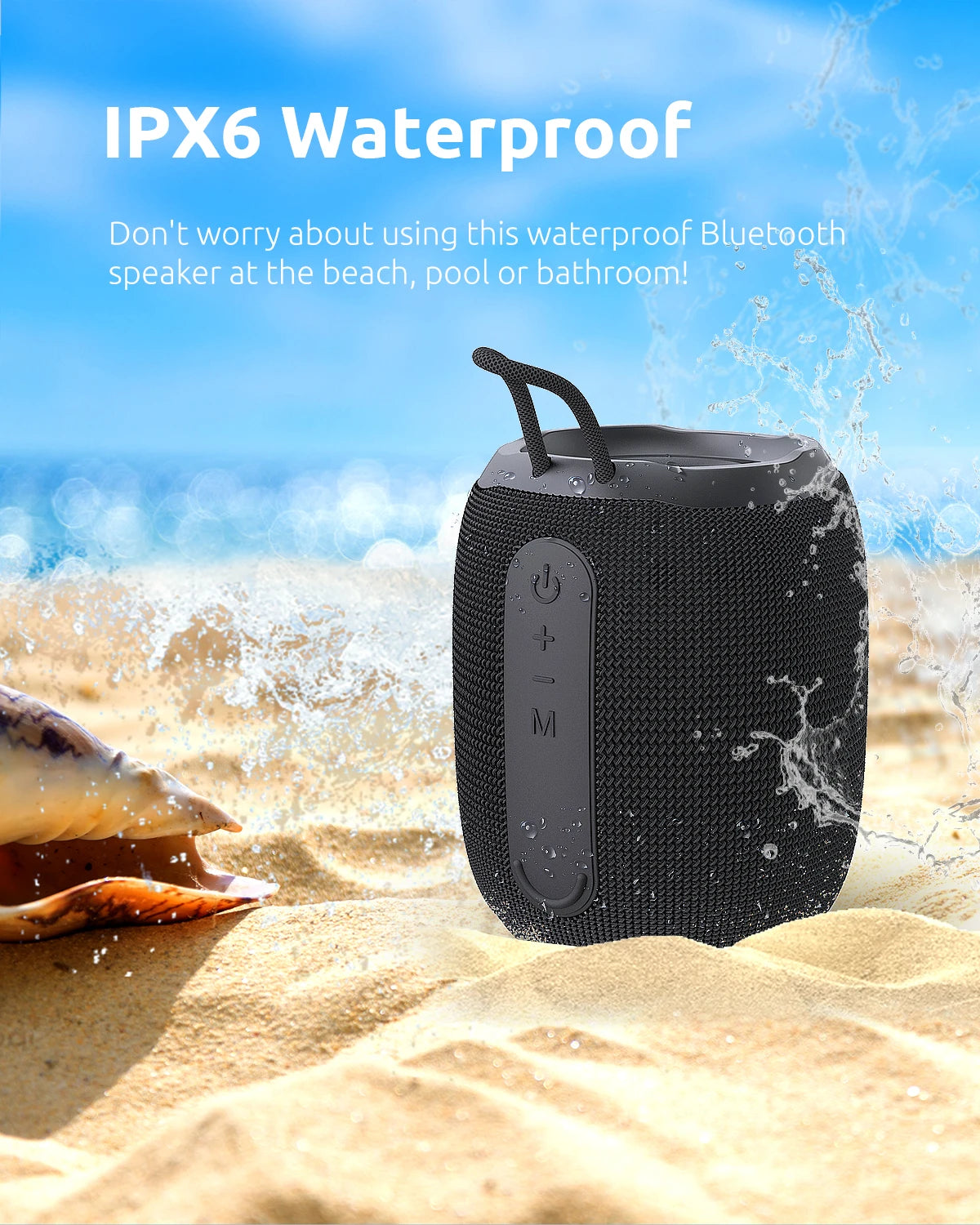 Bluetooth speaker, powerful small portable wireless speaker with FM radio, IPX6 waterproof, 5 LED light modes, microphone, USB