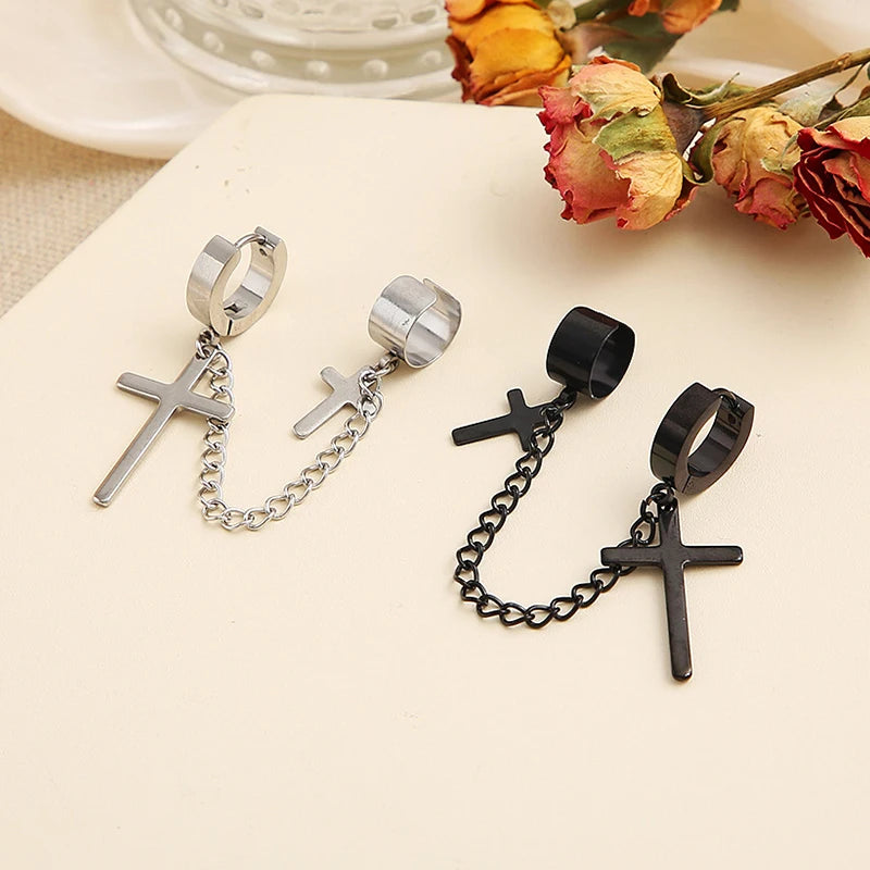 Punk One-peice Tassel Clip Earrings Cross Hoop Earrings for Women Teens Men Ear Cuffs Alloy Hip Hop Jewelry Earing Metal Chain