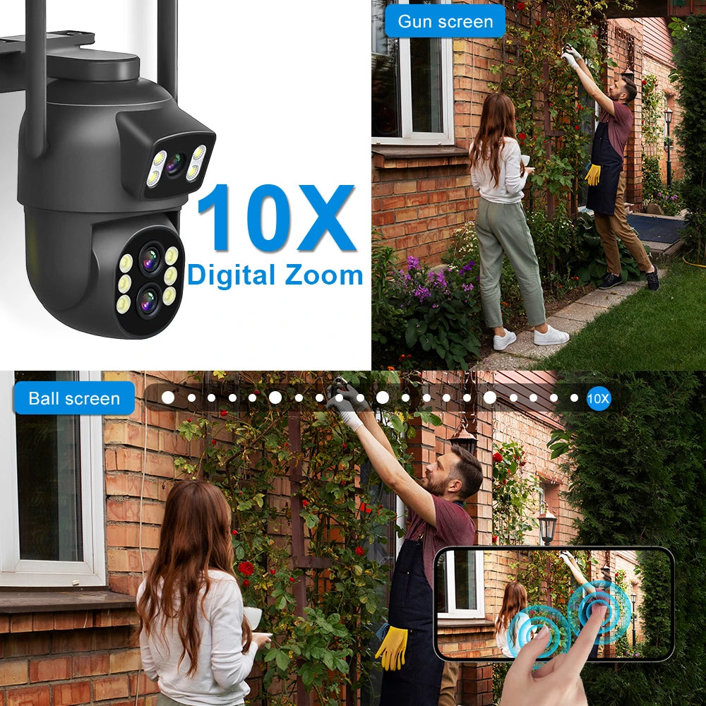 6MP WiFi Camera Outdoor 12MP 10X Zoom Three Lens Dual Screens CCTV Video Cam Auto Tracking Security Protection Surveillance