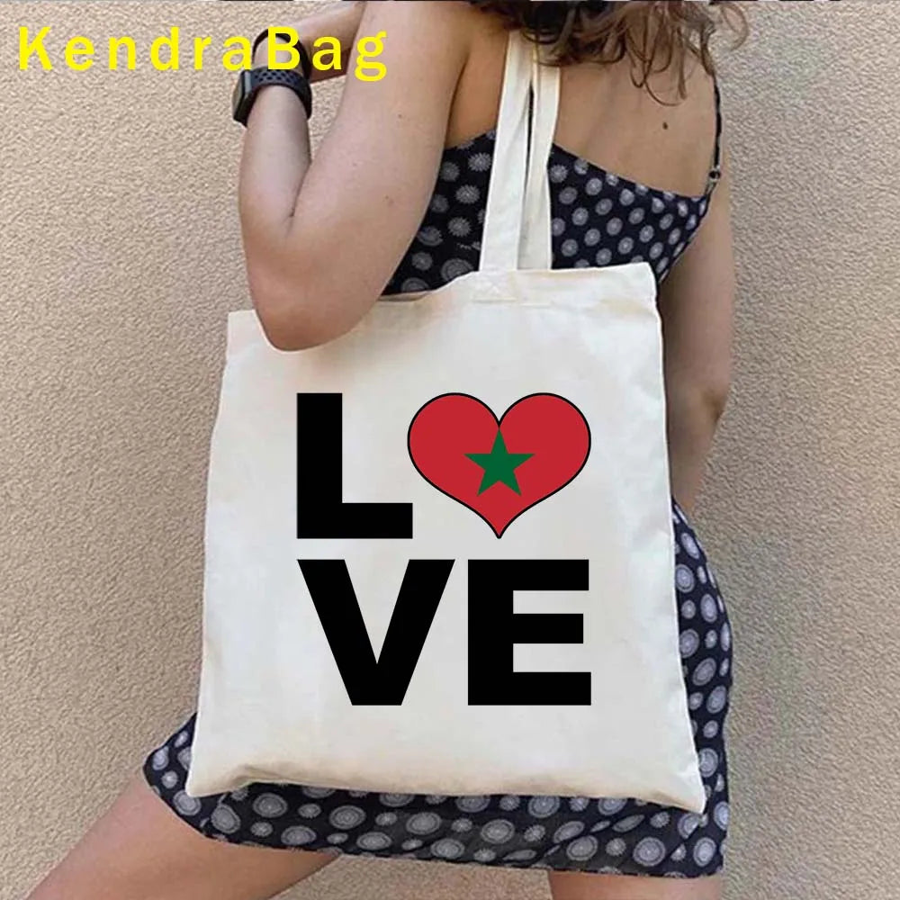 Casablanca Morocco Map Flag Travel Souvenir Moroccan Girl Love Heart Shoulder Canvas Totes Bag Harajuku Shopping Cotton Handbags