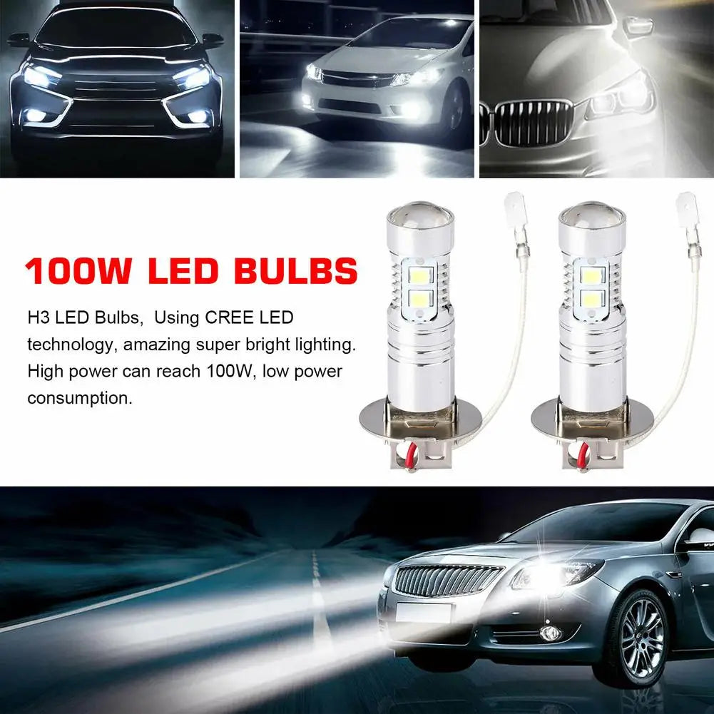 2 Pcs Car H3 Led Fog Light Bulb Conversion Kit Dc 12v-24v 100w 360 Degrees Super Bright Canbus 6000k White Car Accessories Drop